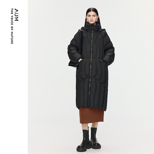 【天猫臻选】AUM噢姆2025年冬季新款中长款连帽黑色鹅绒羽绒服女