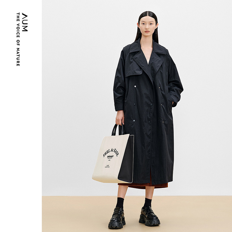 【天猫甄选】AUM噢姆冬季消光轻薄鹅绒中长款廓形风衣黑色羽绒服