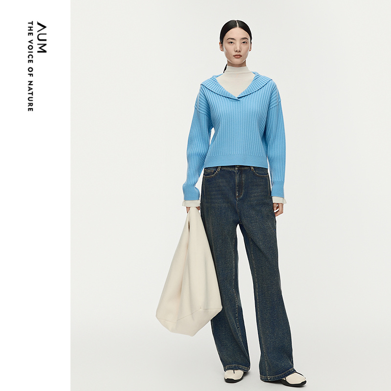 【商场同款】AUM噢姆2025年冬季新款美利奴羊毛短款坑条针织上衣