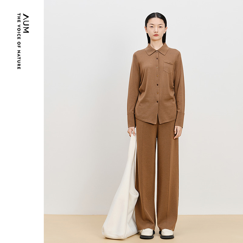 【轻松套装】AUM噢姆冬季绵羊毛针织垂感衬衫上衣直筒裤长裤女款