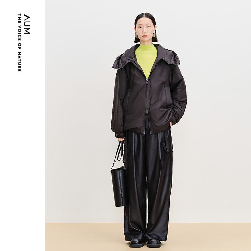 【商场同款】AUM噢姆冬季宽松立领抽绳连帽休闲棉服黑色外套女款