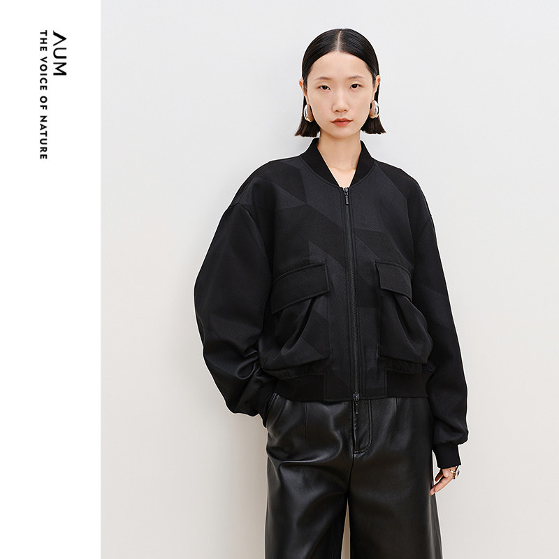 【商场同款】AUM噢姆春季千鸟格提花棒球夹克黑色宽松短款外套女,女装/女士精品,短外套,淘宝优惠券,粉丝福利购,淘宝优惠卷