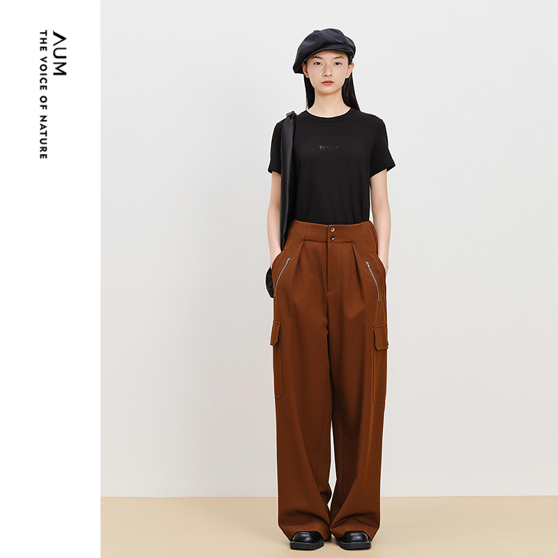 【商场同款】AUM噢姆冬季修身暖感针织磨毛印花T恤黑色休闲上衣女