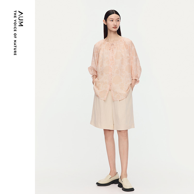 【商场同款】AUM噢姆2025年夏季新款宽松圆领系带花朵印花上衣女