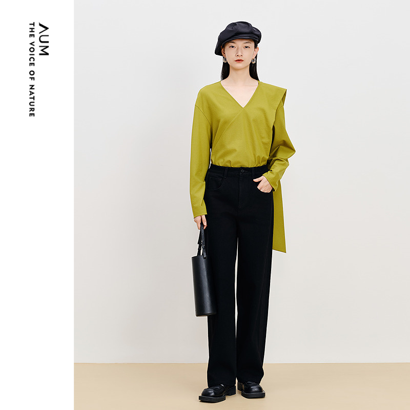 【商场同款】AUM噢姆冬季黑色高腰阔腿裤拼接斜纹牛仔裤休闲长裤