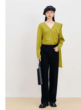 【商场同款】AUM噢姆冬季黑色高腰阔腿裤拼接斜纹牛仔裤休闲长裤