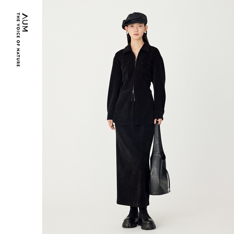 【轻松套装】AUM噢姆冬季灯芯绒收腰休闲短外套黑色通勤半身裙女