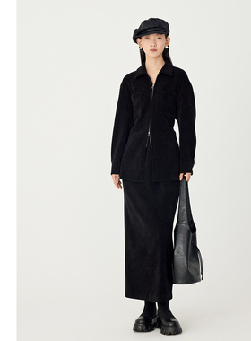 【轻松套装】AUM噢姆冬季灯芯绒收腰休闲短外套黑色通勤半身裙女