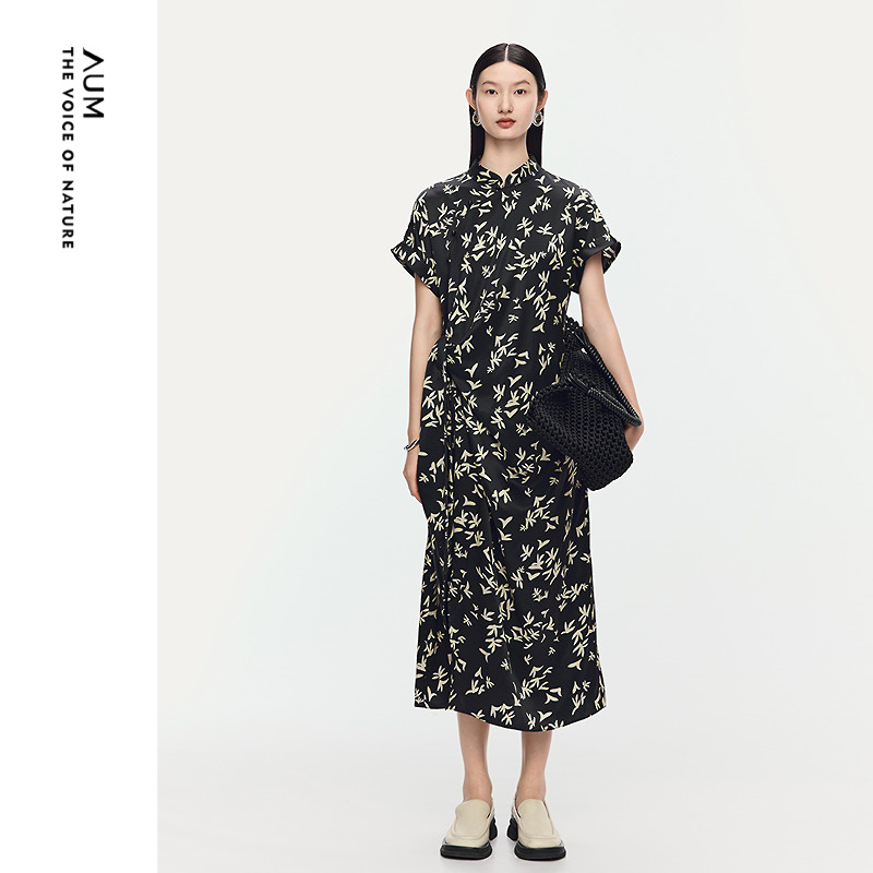 【FaFa裙】AUM噢姆2025年夏季新款桑蚕丝中式斜襟黑色连衣裙长裙