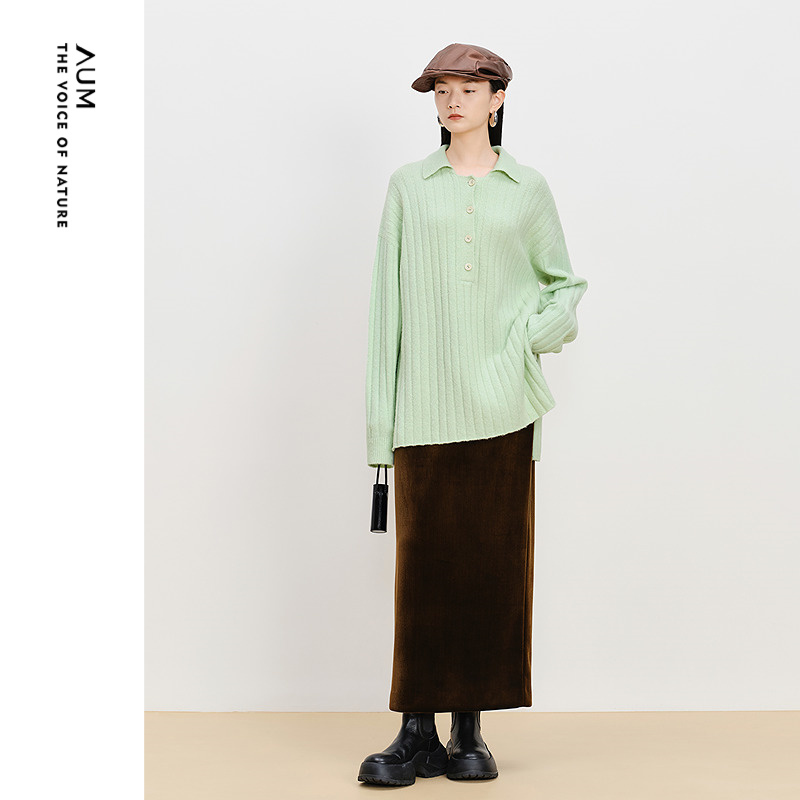 【商场同款】AUM噢姆冬季羊驼毛气质翻领半门襟休闲长袖上衣女款