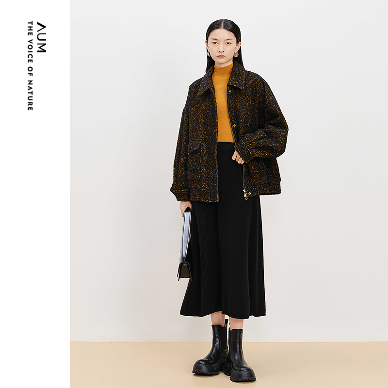 【商场同款】AUM噢姆冬季羊毛羊驼毛圈圈花呢宽松休闲短款外套女