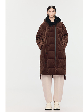 【天猫臻选】AUM噢姆2025年冬季新款灯芯绒撞色连帽中长款羽绒服