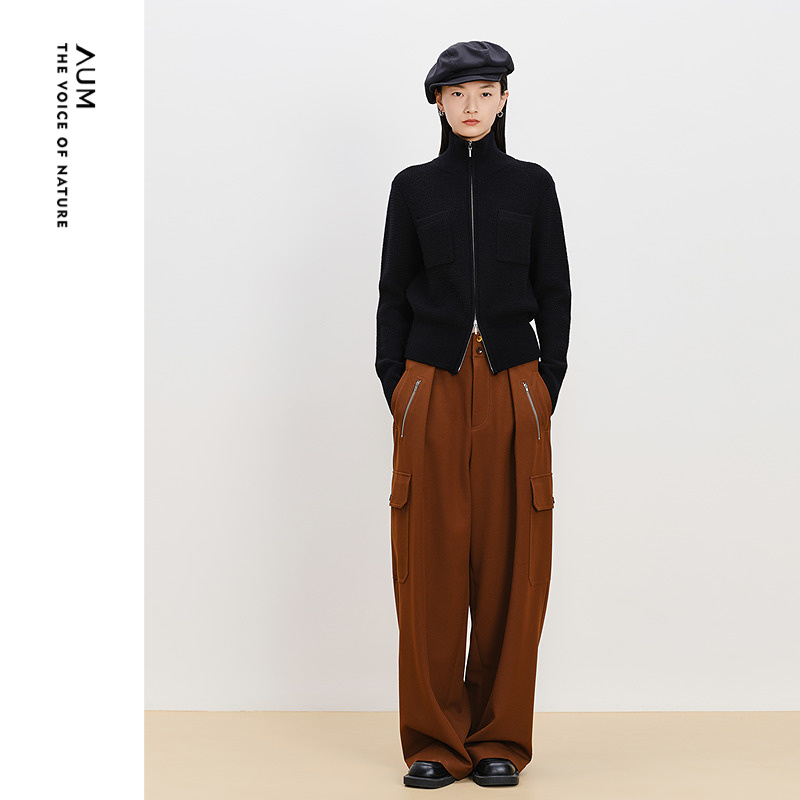 【商场同款】AUM噢姆冬季肌理感精纺羊毛高领针织开衫黑色上衣女