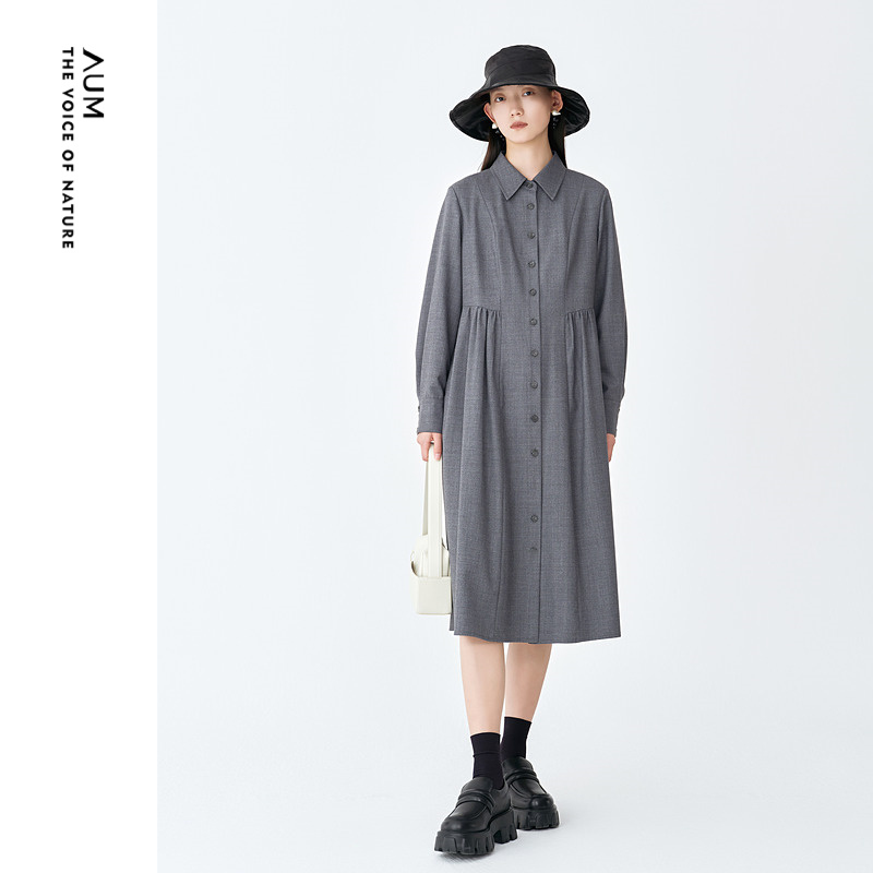 【永恒系列】AUM噢姆冬季优雅通勤收腰衬衫裙压褶连衣裙休闲长裙