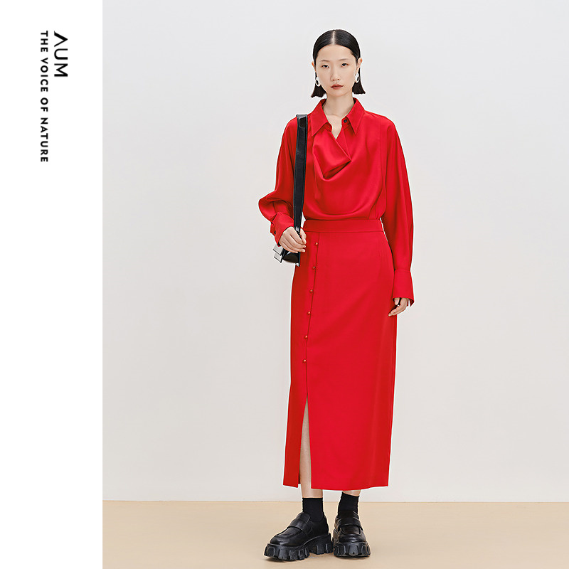 春季新款AUM艺术红色衬衫套装女