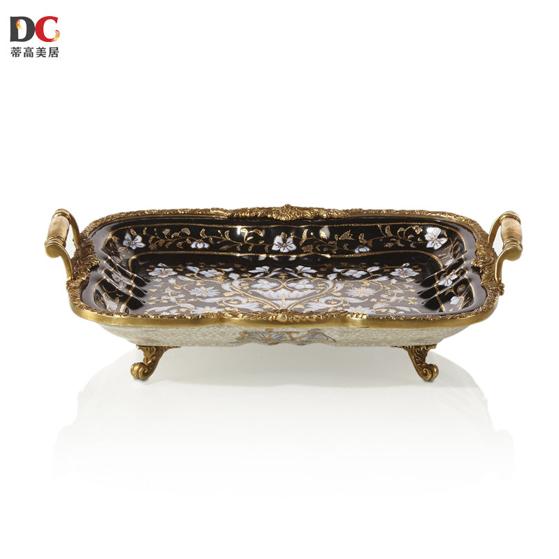 蒂高美居 黑色描金花纹托盘水果盘居家摆件客厅装饰 dcn83-1727-1