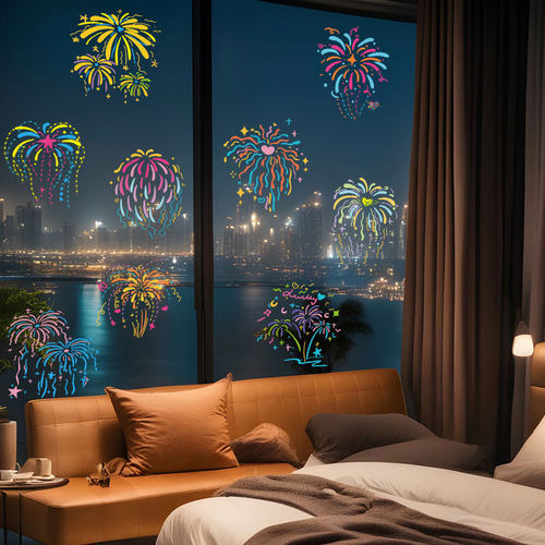 2026新年玻璃贴纸烟花氛围装饰马年布置门贴春节过年静电窗花贴画