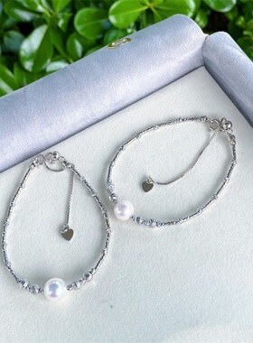 4EVER/8.5-9mm日本极光粉akoya海水珍珠手链女S925纯银镭射珠手串