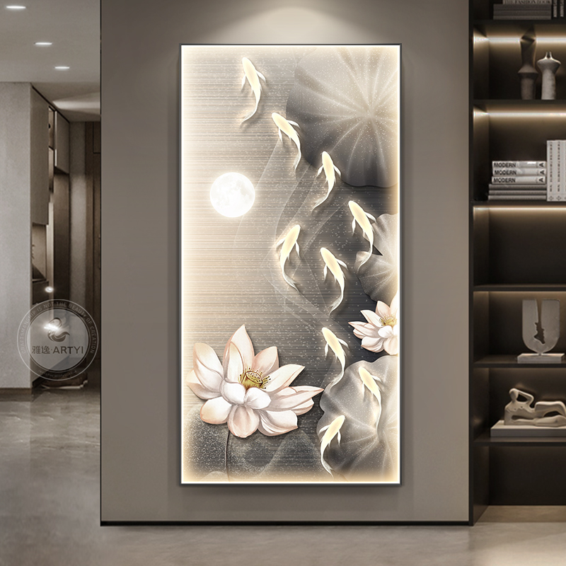 现代轻奢玄关装饰画高级感荷花九鱼图壁画入户正对门走廊过道挂画图片
