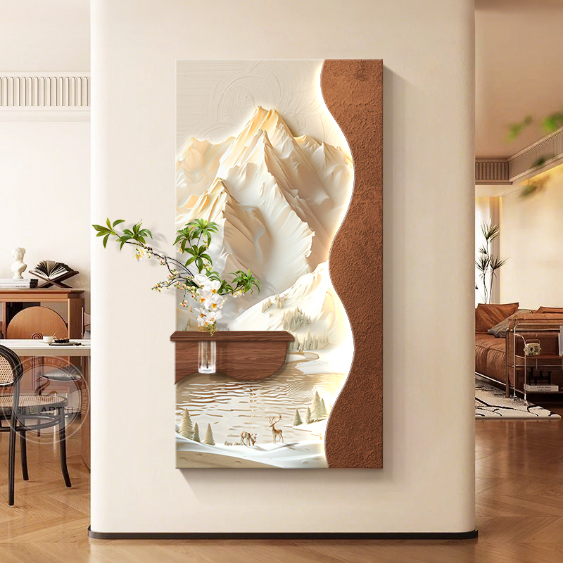 原木奶油风玄关装饰画背有靠山走廊尽头壁画高级感入户正对门挂画