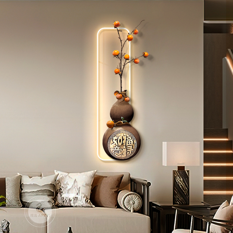 2024新款客厅装饰画新中式葫芦沙发背景墙挂画柿柿如意玄关壁灯画