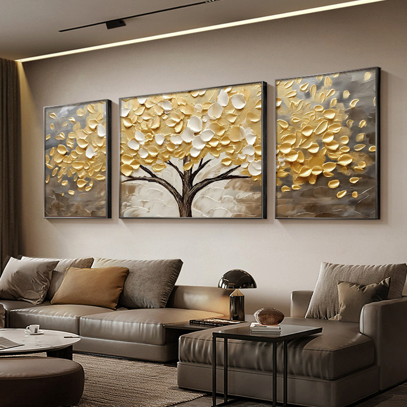 2026新款奶油风客厅装饰画大气三联发财树壁画高端沙发背景墙挂画,家居饰品,现代装饰画,淘宝优惠券,粉丝福利购,淘宝优惠卷
