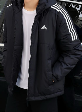 阿迪达斯冬季男女经典三条纹连帽保暖户外休闲运动棉服外套KF6755