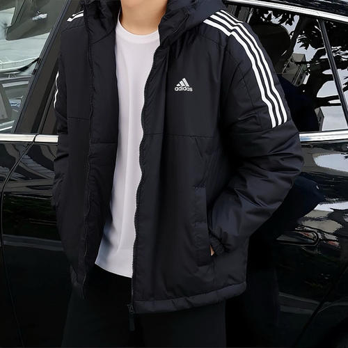 阿迪达斯冬季男女经典三条纹连帽保暖户外休闲运动棉服外套KF6755