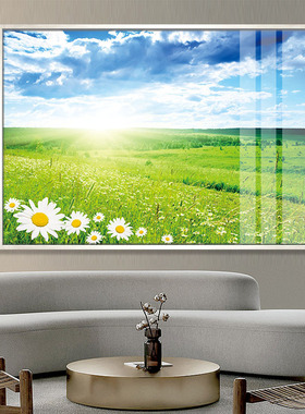 小清新蓝天白云阳光绿色草地风景装饰画心理咨询室医美中心晶瓷画