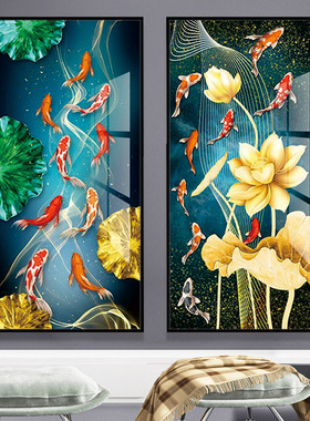 金黄色荷花莲蓬装饰画红橙色锦鲤九鱼图晶瓷画商品房长幅玄关挂画