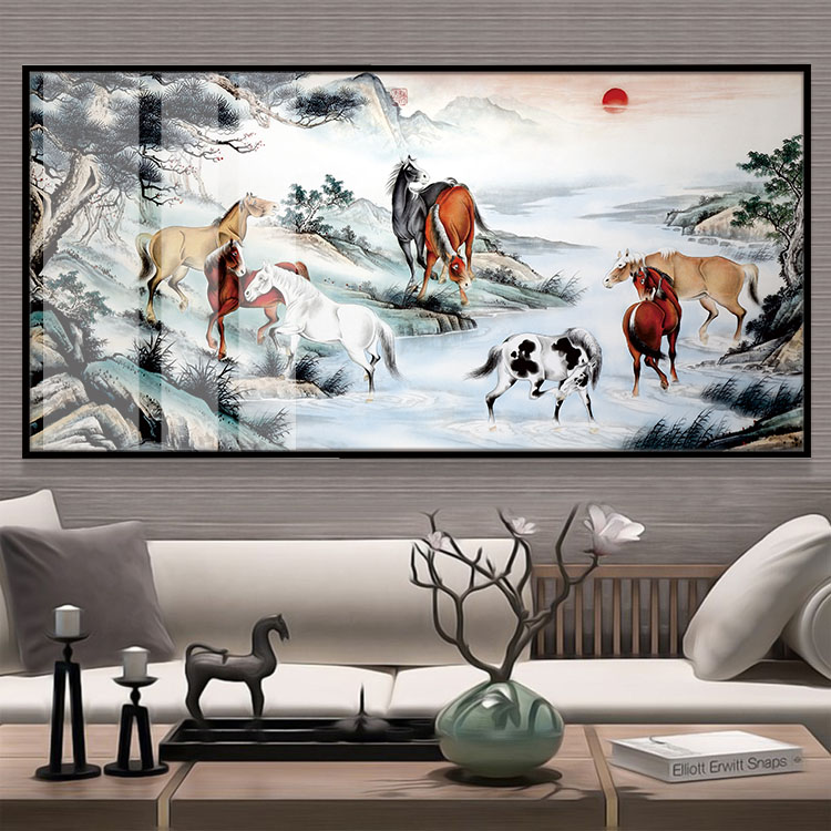 现代中式旭日东升山川流水八骏图装饰画老板办公室沙发背景墙挂画