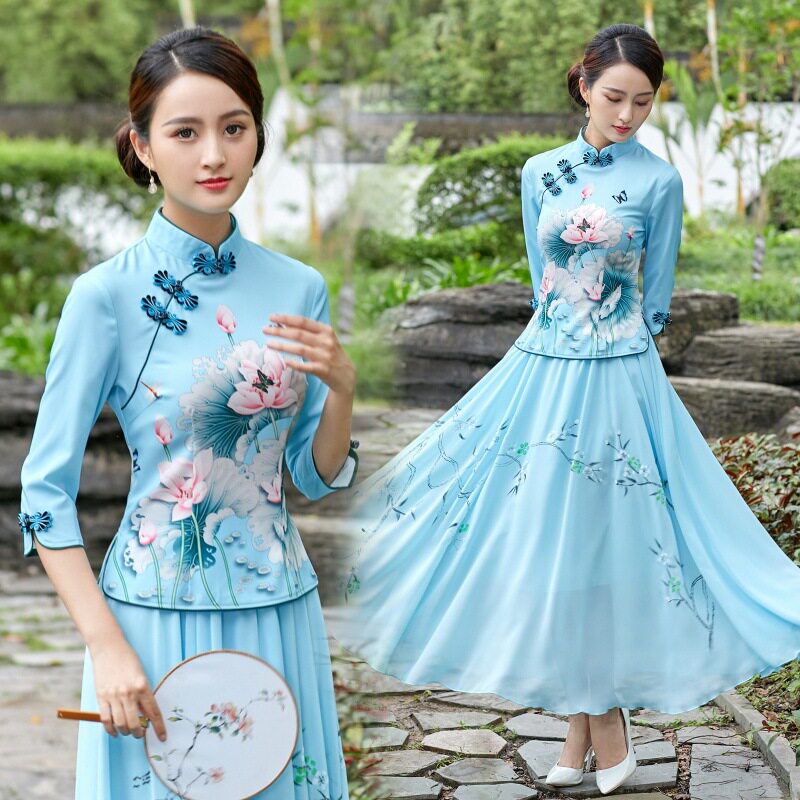 2025夏季新款清新改良新中式旗袍荷花印花唐装上衣配裙子套装茶服