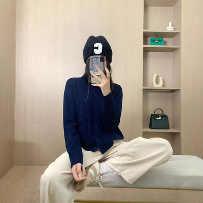100%绵羊毛设计感刺绣圆领针织开衫毛衣外套女洋气百搭小众上衣潮