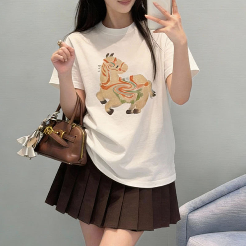 2026春季新款女装休闲百搭生肖马印花短袖圆领T恤上衣 EBF1TEE009