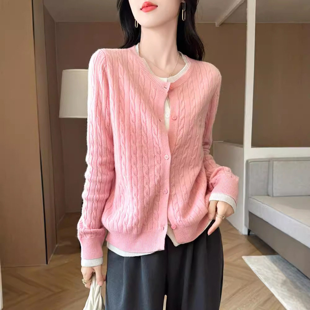 秋冬新款拼色假两件纯羊毛针织开衫女士圆领麻花长袖打底休闲外套