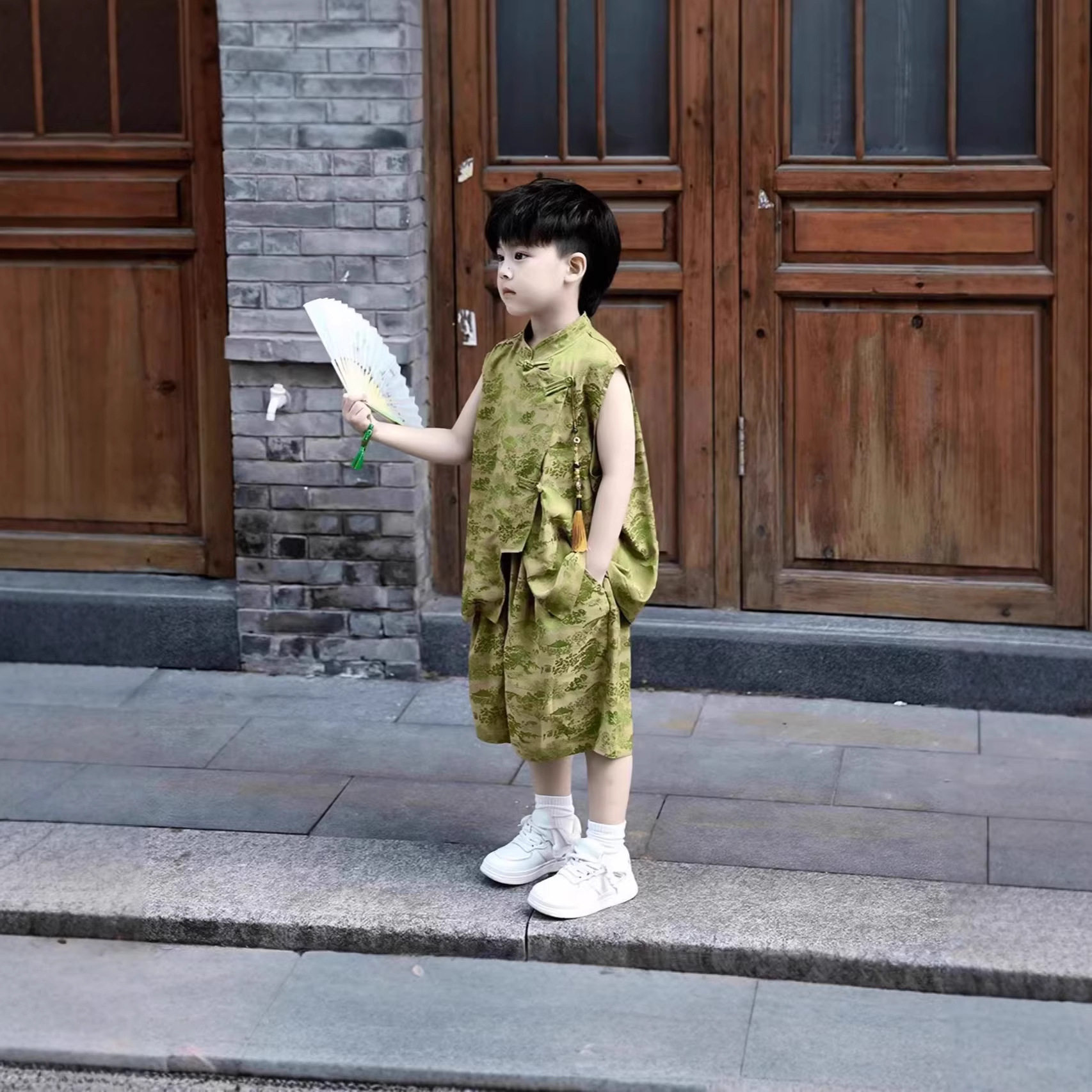 唐装汉服古风童装新款夏季中国风儿童演出服表演装无袖男童套装夏