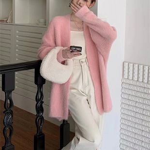 秋冬中长款仿水貂绒针织开衫女装新款V领宽松外搭上衣厚毛衣外套