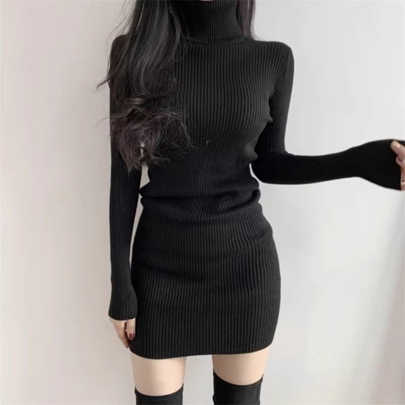 日系配大衣高领针织连衣裙女秋冬包臀内搭打底中长款毛衣裙小个子