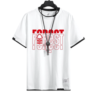 诺丁汉森林队克劳夫足球迷队服假两件短袖t恤衫男女拼接半袖衣服