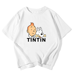 卡通动漫丁丁历险记Tintin Adventure短袖t恤衫男女纯棉半袖衣服
