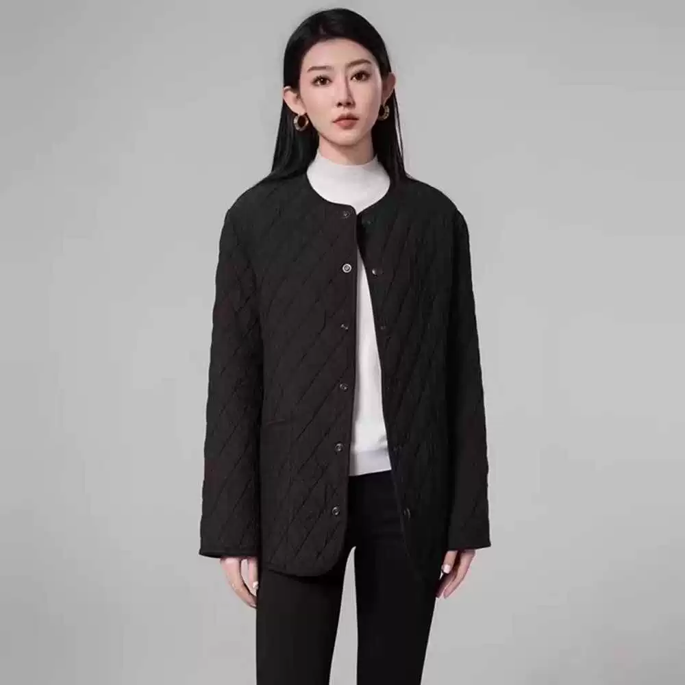 阿玛施宽松圆领轻薄菱形棉服外套