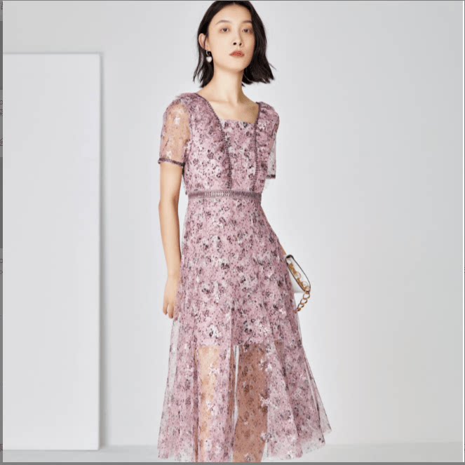 茜舞方领连衣裙女2024新款碎花时尚中长裙【223512】