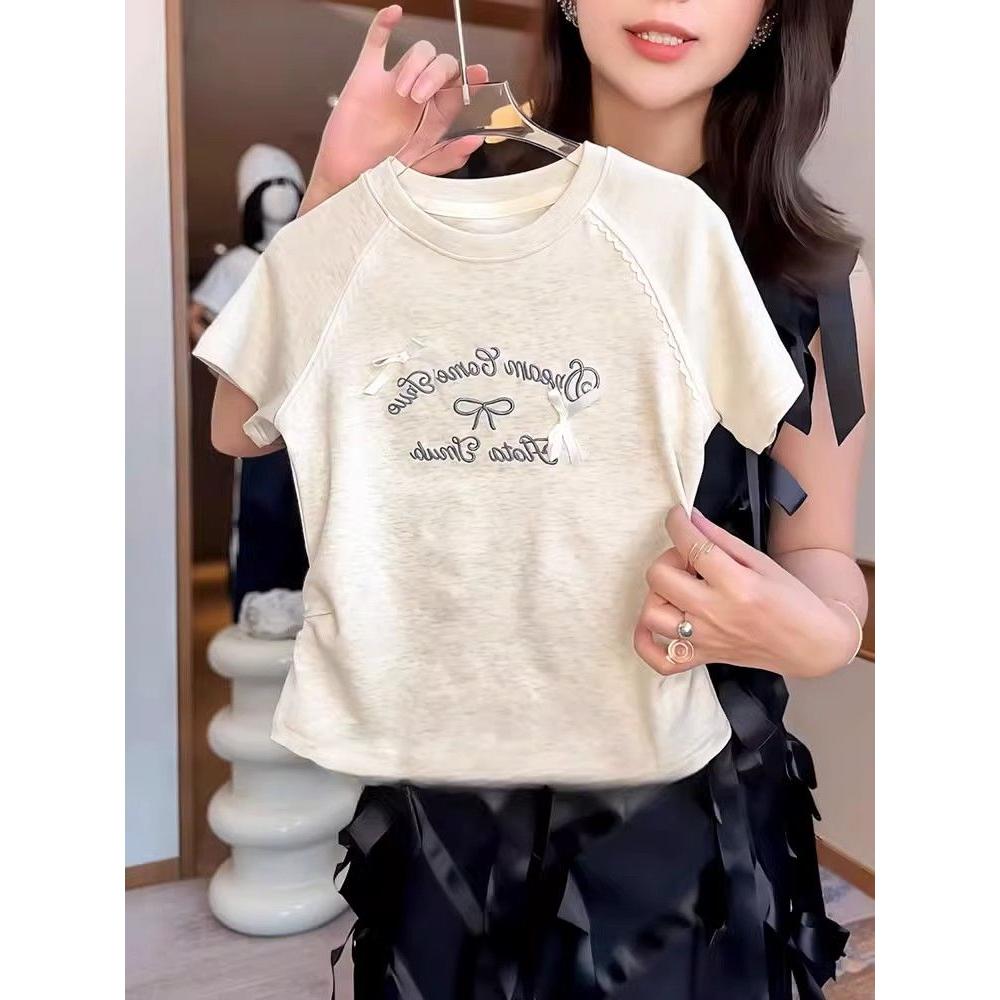 女童短袖t恤夏季百搭新款儿童蝴蝶结字母小女孩休闲时尚上衣洋气