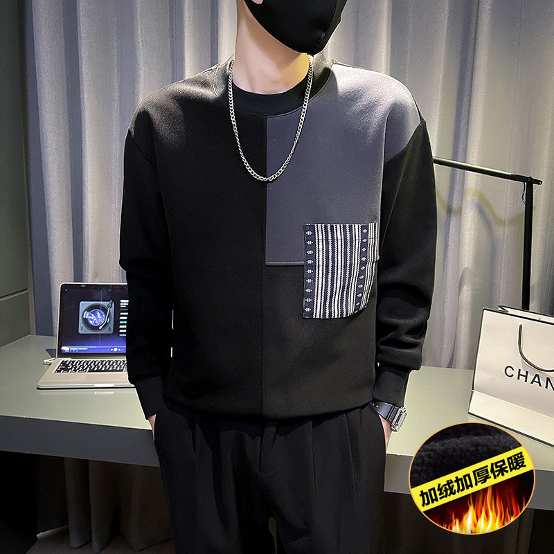 6688-P78 冬季拼色个性潮牌长袖加绒加厚保暖男士卫衣-4 控108图片