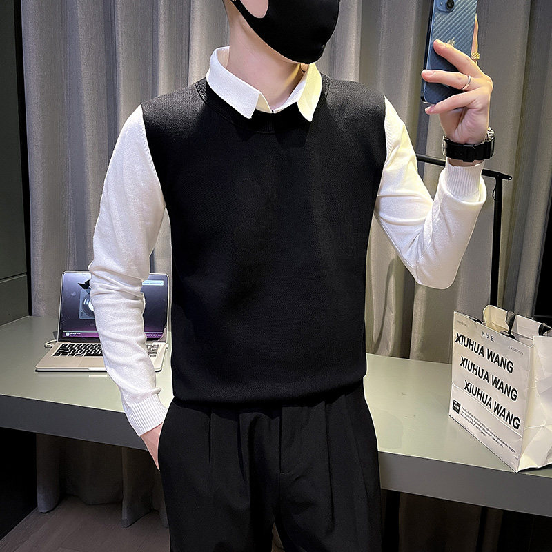 6682-P78 冬季时尚假两件长袖针织衫拼接男士毛衣体恤-2 控108图片