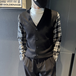 6612-P78 男士格子袖拼接开衫针织衫毛衣草坡青年i外套-2 控108图片