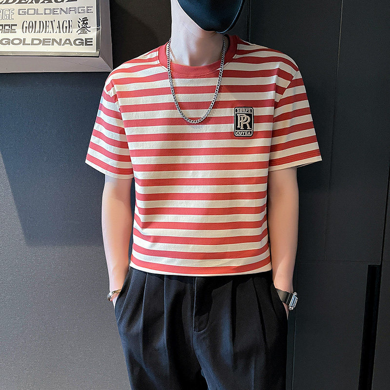 6486-P48夏季条纹T恤ins潮牌短袖新款半截袖男装上衣百搭-1控68,男装T恤,电商D319