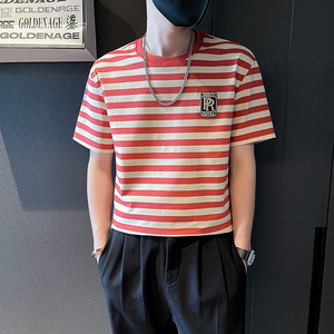 6486-P48 夏季条纹T恤ins潮牌短袖新款半截袖男装上衣百搭-1 控68图片