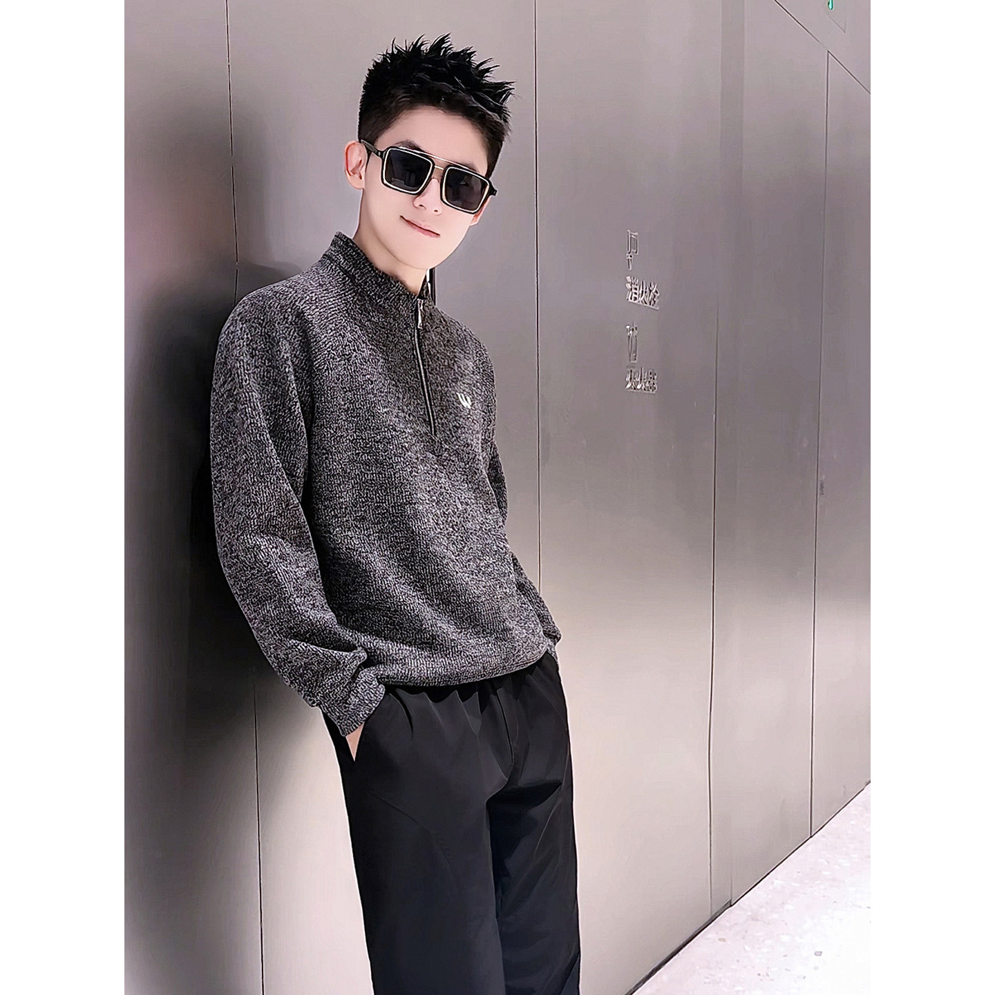 W52-P88男士立领半拉链针织衫灰色加绒保暖休闲百搭卫衣冬季,男装针织衫/毛衣,电商D319