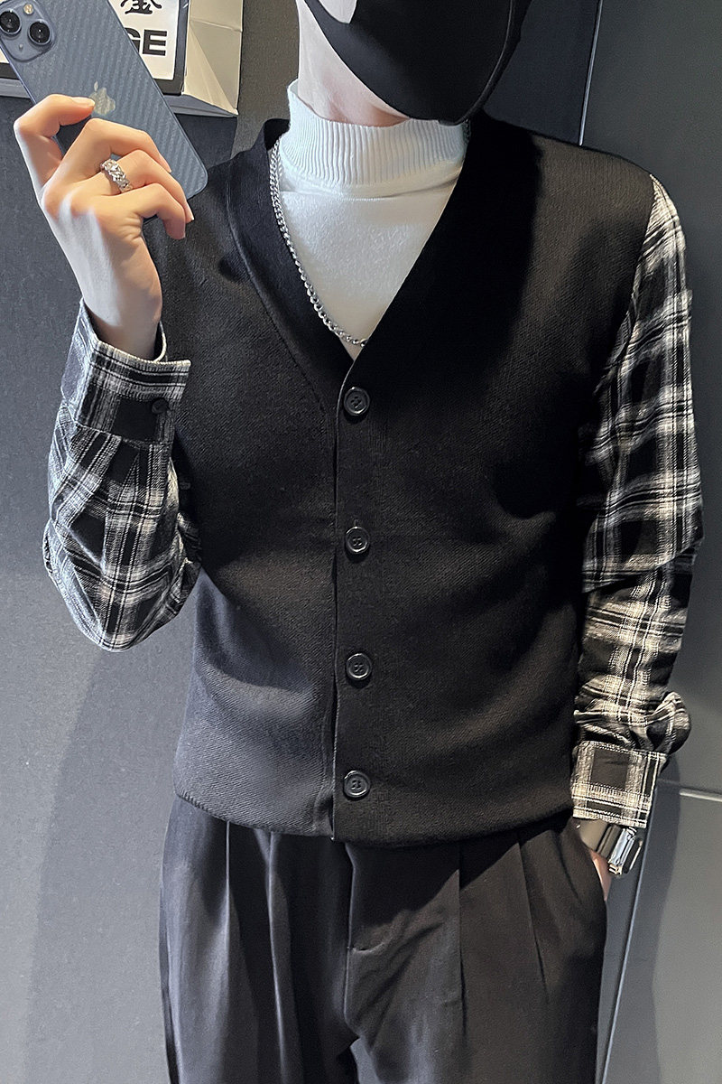 6612-P78男士格子袖拼接开衫针织衫毛衣草坡青年i外套-2控108,男装针织衫/毛衣,电商D319